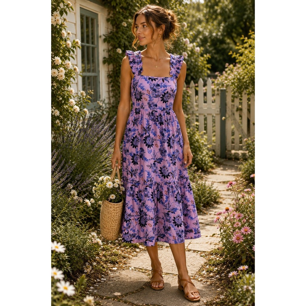 J.Crew Square Neck Floral Midi Dress Women 4 Ruffle Tiered Cottage Garden